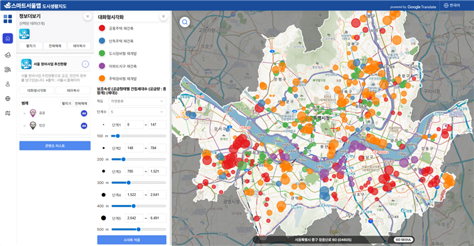 정비사업 추진현황(25.12.기준)의 사업유형(색상), 공급세대수(크기)로 시각화한 지도