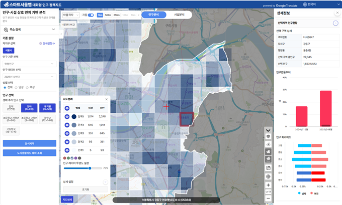 영아, 유치원 대상 학령인구지 : 올림픽파크포레온이 포함된 1km 격자를 선택한 화면