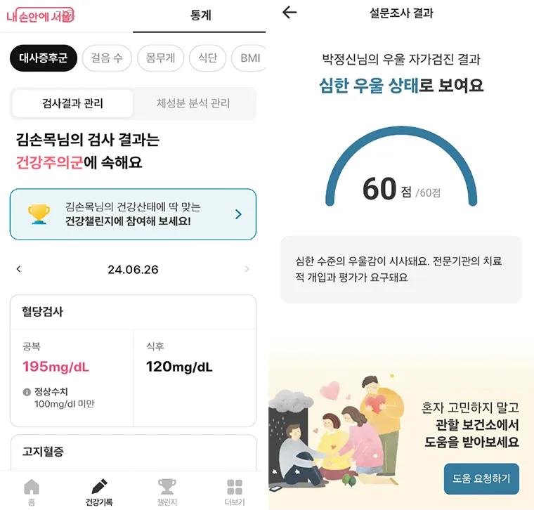손목닥터 9988+의 대사증후군과 마음건강 화면